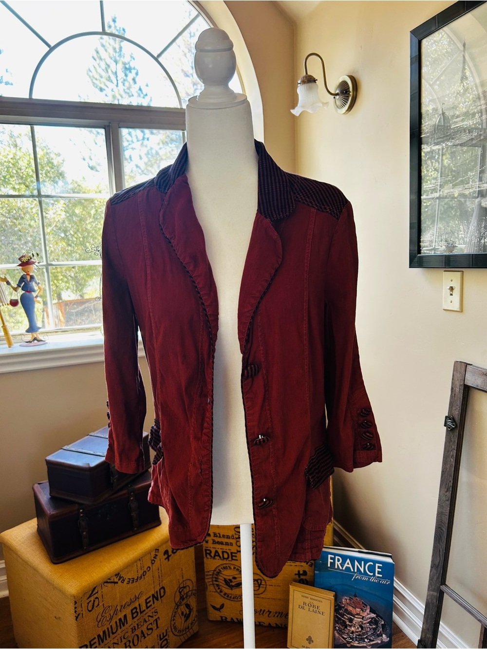 XCVI Deep Burgundy Open-Front Blazer with Dark Trim